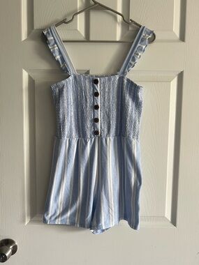 Blue and White Striped Romper with Button Front